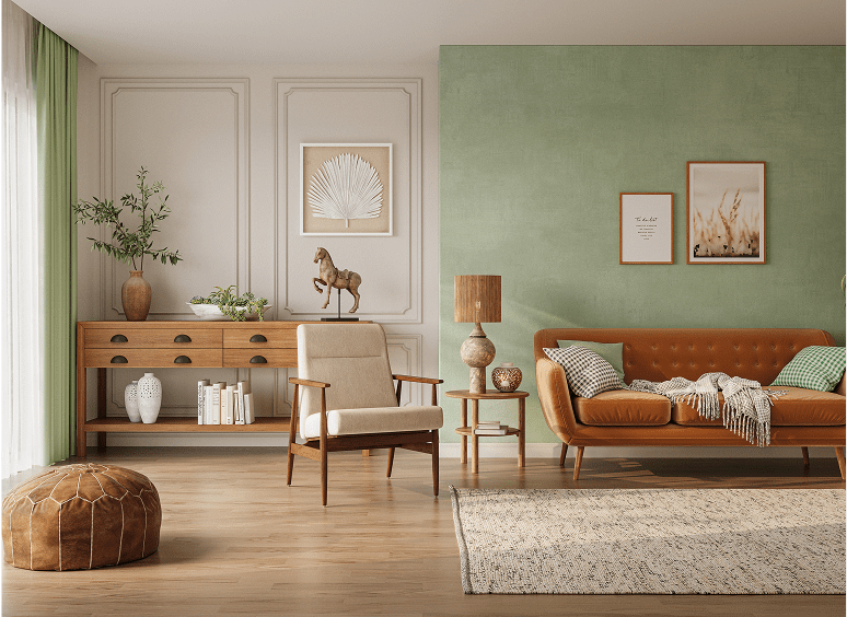 Modern living room with green accent wall.