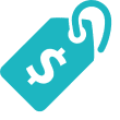 Blue price tag icon with a white dollar sign and a hole for attaching a string, set against a light background.