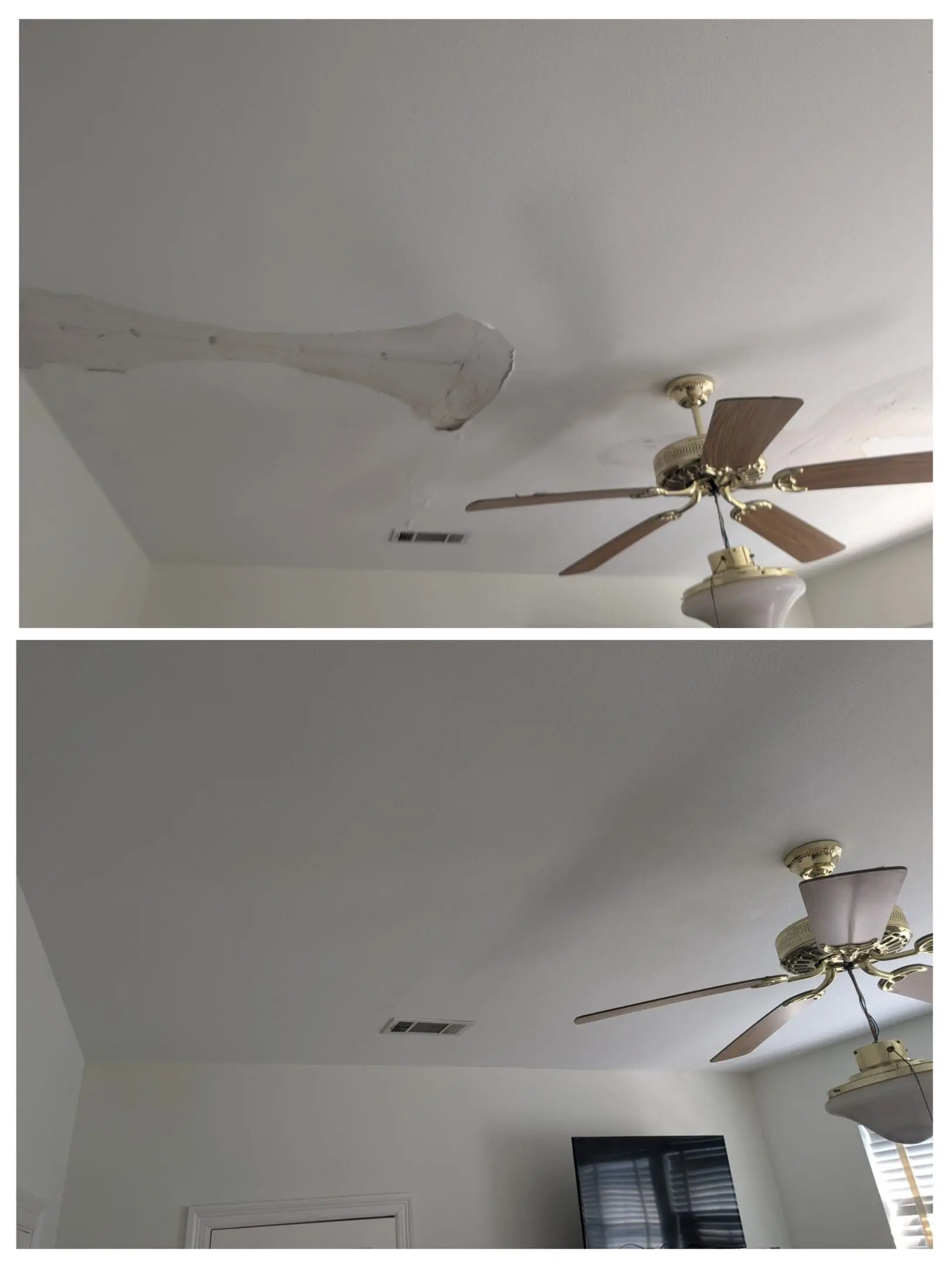 Top: Ceiling with a large water-damaged patch near a ceiling fan. Bottom: Same ceiling repaired and repainted, with damage no longer visible.
