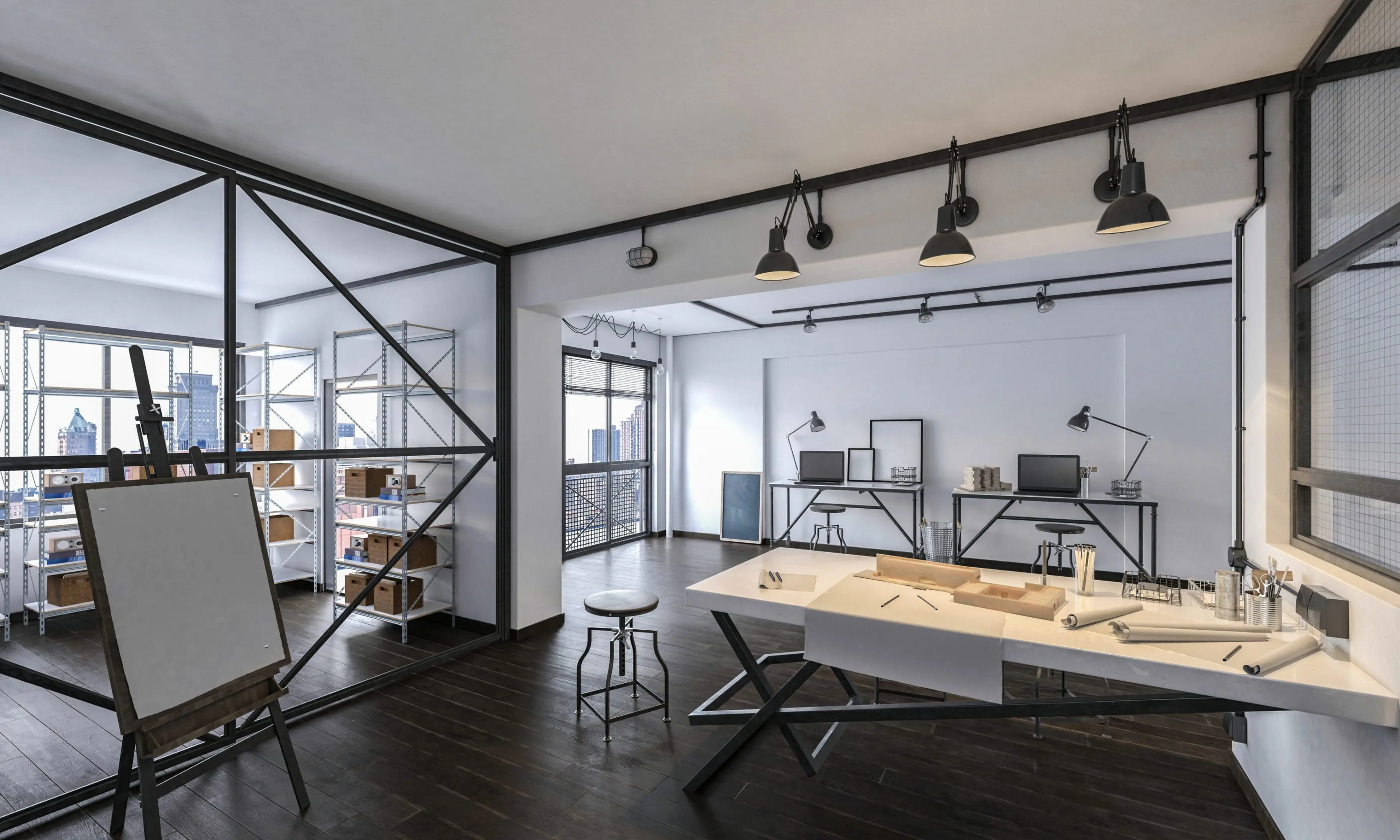 Modern architectural studio with drafting table.
