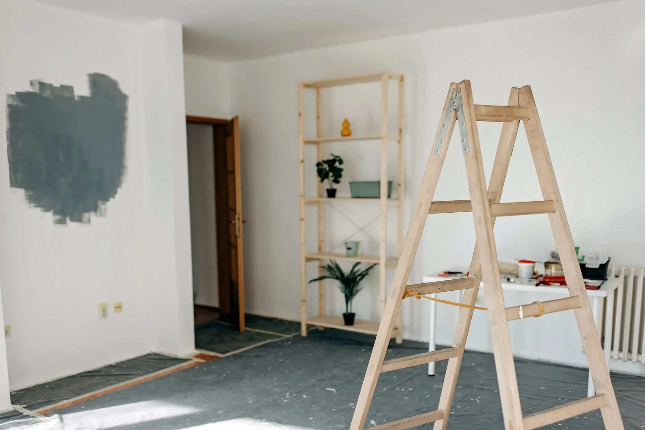 A room being painted with a gray patch on one wall, a wooden ladder, plastic sheets on the floor, and a shelf with plants and objects in the background.