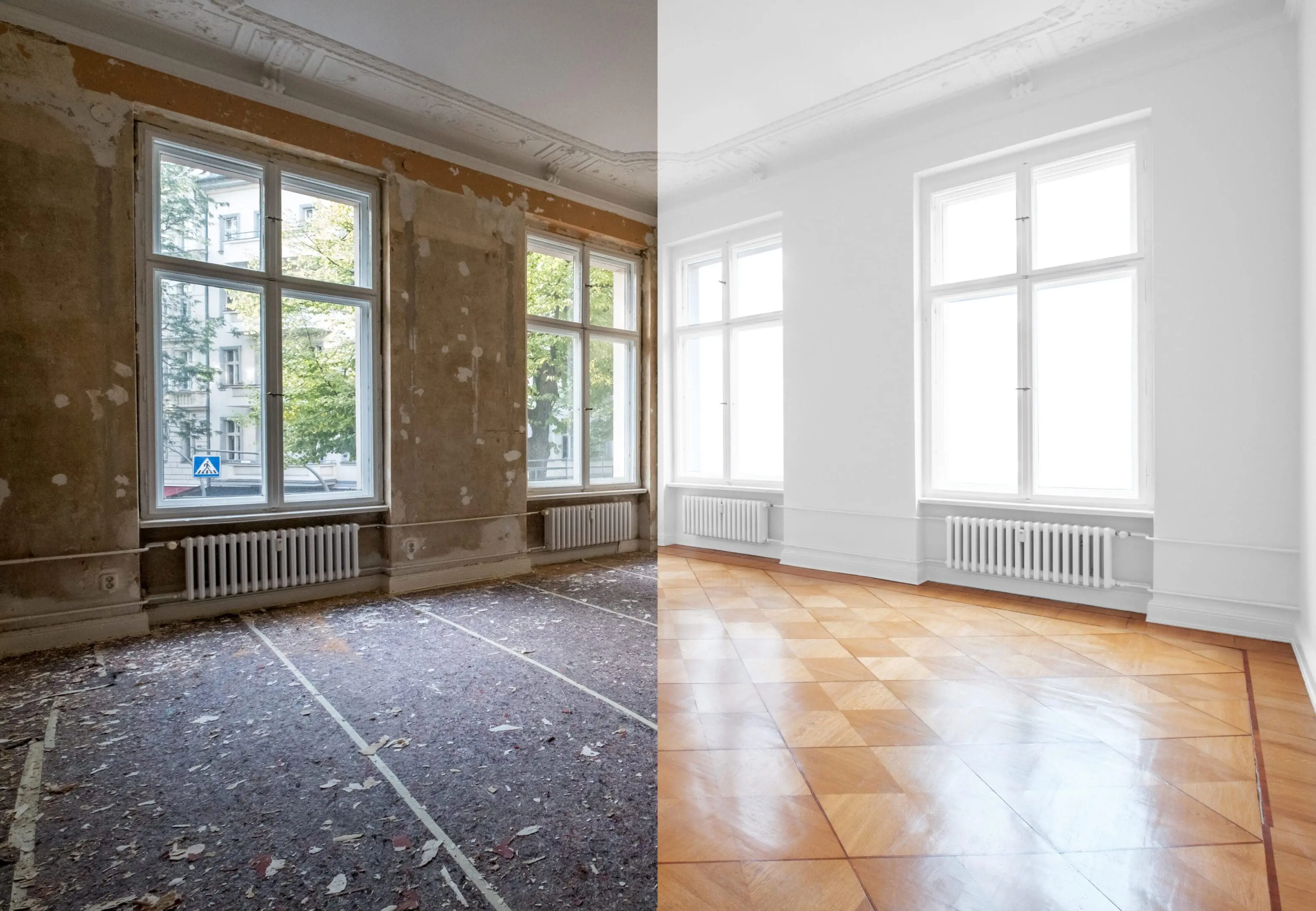 Room before and after renovation, split view.