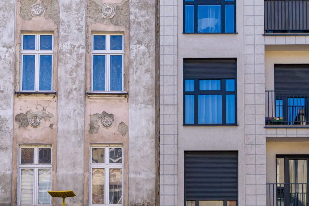 Old and new building facades contrast.