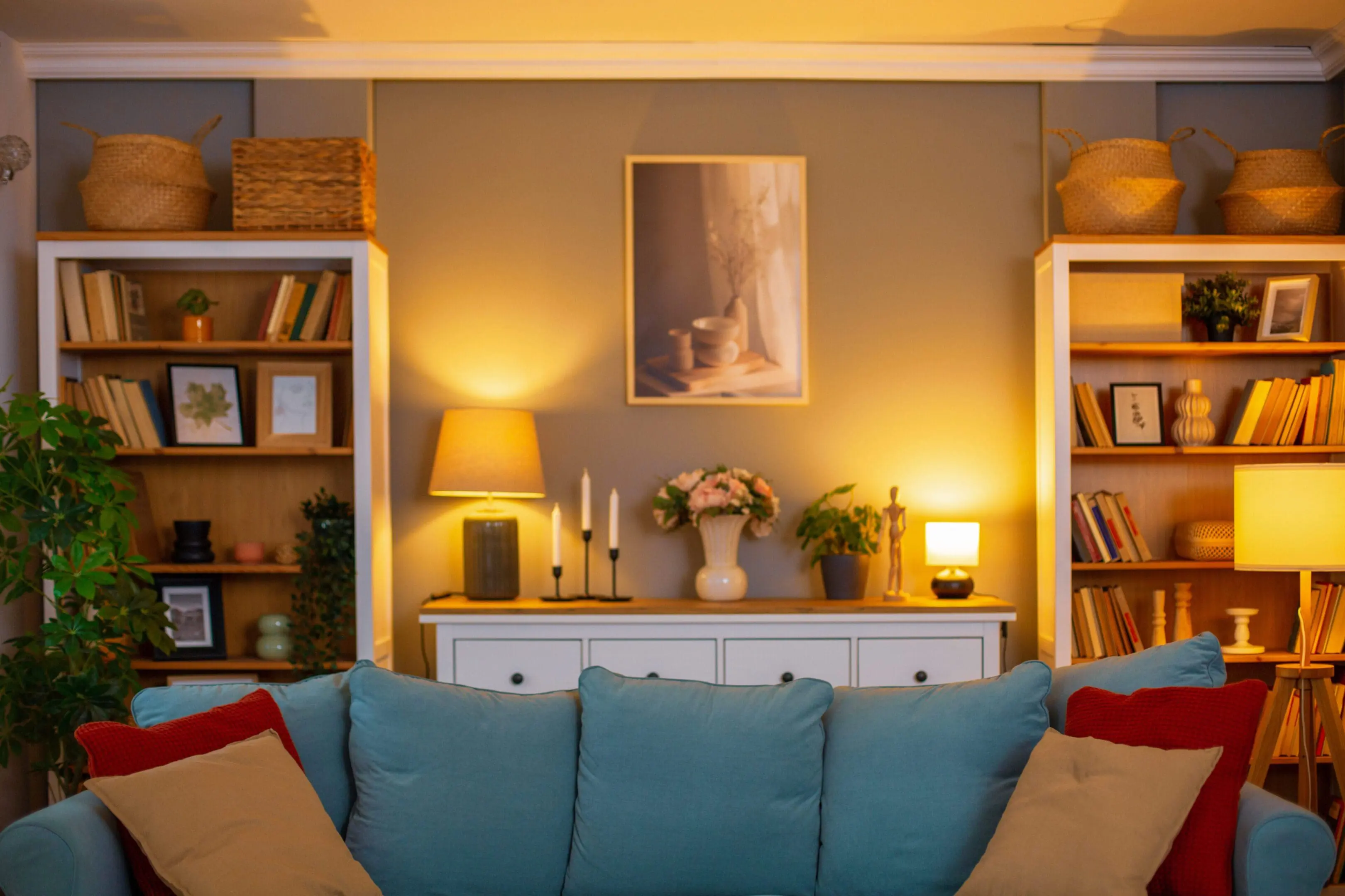 Cozy living room with bookshelves and sofa.
