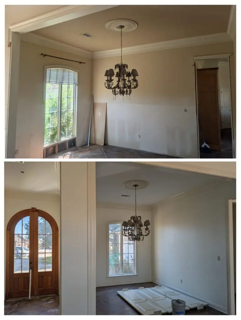 Two images of a room under renovation.
