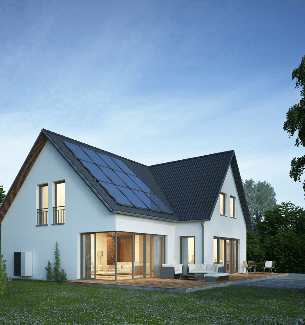 Modern house with solar panels, evening view.