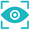Teal icon of an eye centered inside a rectangular frame, symbolizing vision, viewing, or observation on a light gray background—reminiscent of a painter’s attentive gaze.