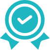 Blue circular badge with a check mark in the center and two ribbon tails at the bottom, representing approval or certification.