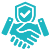 Two blue hands shaking with a shield featuring a check mark above them, symbolizing trust, agreement, and security—much like the confidence you place in a skilled painter to deliver reliable results.